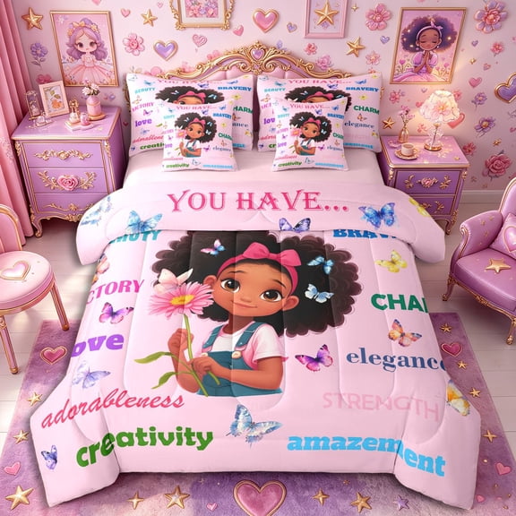 Castle Fairy Black Kawaii Girl Queen Bedding 7pcs,Cute Bow Floral Butterfly Bedding Comforter Set Queen,Soft Peach Mint Violet