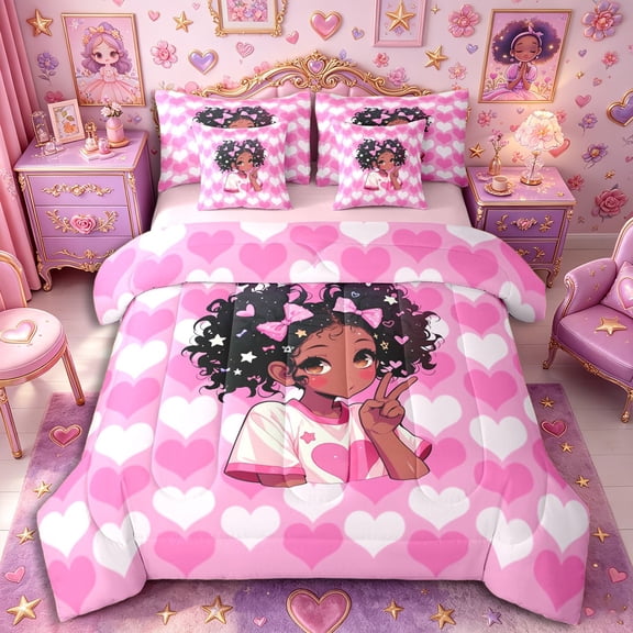 Castle Fairy Black Kawaii Girl Twin Bedding 7-Piece,Pastel Heart Grid Bedding Comforter Set,Blush White Mint
