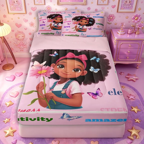 Castle Fairy Black Kawaii Girl Zipper Twin Comforter Sets with Fitted Sheet and 2 Pillowcases,Cute Bow Floral Butterfly Zipper Bedding Set,Soft Peach Mint Violet,4-Piece