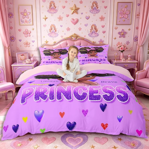 Castle Fairy Black Kawaii Princess Bedding,Polka Dot Bow Art Duvet Cover Full,Purple,Pink Reversible,1 Duvet Cover and 2 Pillowcases