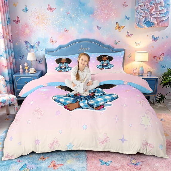 Castle Fairy Black Kawaii Princess Duvet Cover King,Dreamy Starry Sky King Bedding,Blue Pink White,1 Duvet Cover and 2 Pillowcases