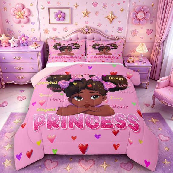 Castle Fairy Black Kawaii Princess Queen Comforter Set 3 Pieces,Pink Heart Print Comforter Sets Queen,Pink,Pink Reversible,1 Comforter and 2 Pillowcases
