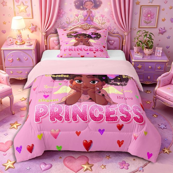 Castle Fairy Black Kawaii Princess Twin Comforter Sets 2pcs,Angel Heart Print Bedding Set,Pink,Pink Reversible,1 Comforter and 1 Pillowcase