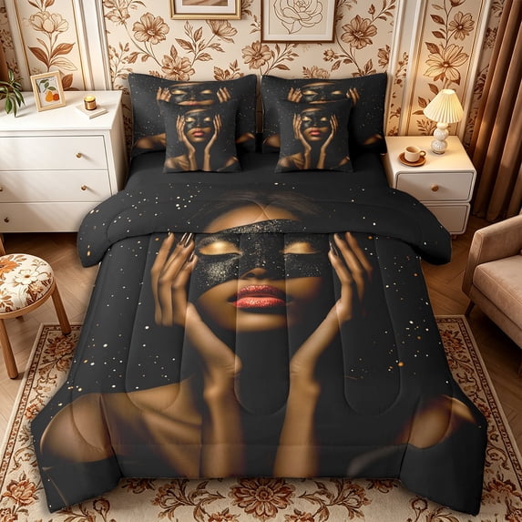 Castle Fairy Black Mask Girl King Bedding 7pcs,Stars Print King Bed in a Bag,Grey Reversible