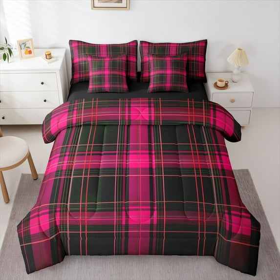 Castle Fairy Black Pink Checkered Bedding Comforter Set,Stripes Plaid Full Bedding Set