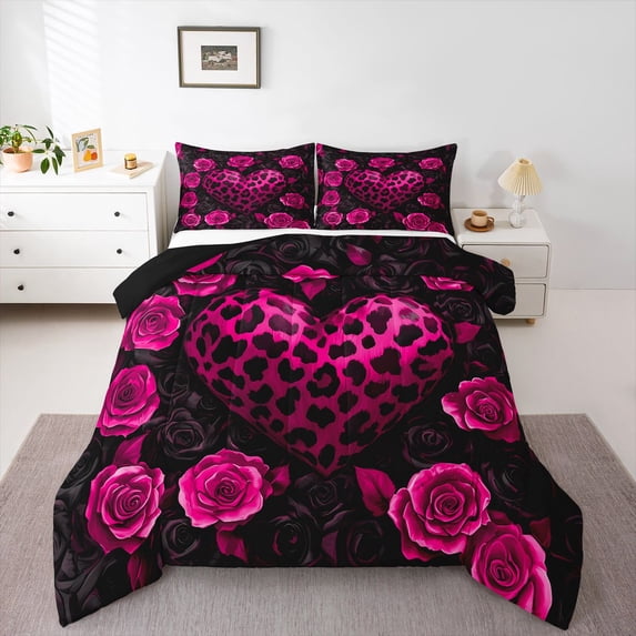 Castle Fairy Black Pink Love Heart Queen Comforter Set,Leopard Print Bedding Comforter Set