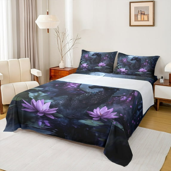 Castle Fairy Black Purple Dragon 4 Pieces Queen Sheet Sets for Kids Children Teens,Chic Floral Lotus Ultra Soft Flat Sheet,Abstract Flower Animal Queen Fitted Sheet,Luxury Bedroom Decor