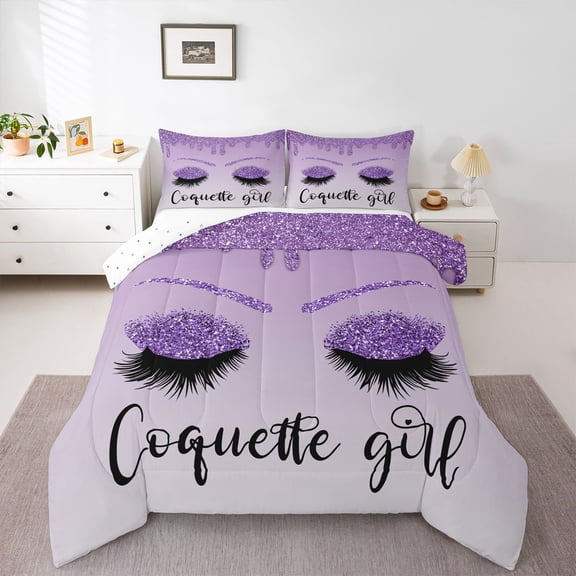 Castle Fairy Black Purple Eyelash Queen Comforter Set,Princess Bedding Comforter Set
