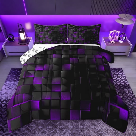 Castle Fairy Twin Size 2-Piece Black Purple Plaid Comforter Set