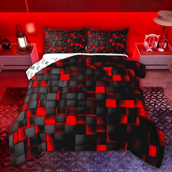 Castle Fairy Black Red Grid Full Size Comforter Sets,Plaid Checkered Bedding Sets