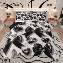 Castle Fairy Black Ribbon Bow Bedding Comforter Set 2pcs for Boys Girls,Kawaii Love Heart Print Twin Comforter Sets Microfiber,Dreamy Princess Breathable Bedding Set,Lightweight Room Decor
