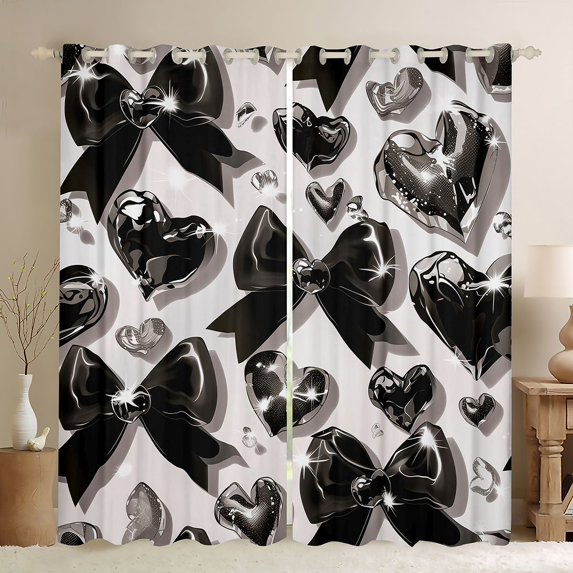 Castle Fairy Black Ribbon Bow Black Out Curtains for Boys Girls,Kawaii Love Heart Print Curtains Pack of 2 (42x63 Each),Dreamy Princess Bedroom Curtains,Lightweight Room Decor