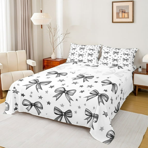 Castle Fairy Black Ribbon Bow-Tie 4-Piece Full Size Sheets for Kids Girls Women,Kawaii Stars Print Bed Sheets,Dreamy Princess Lightweight Sheet Sets,Super Cozy Room Decor