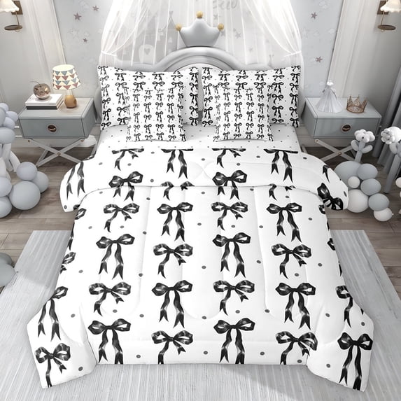 Castle Fairy Black Ribbon Bow Twin Bedding Sets,Polka Dots Bedding Comforter Set