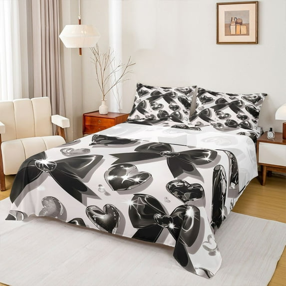 Castle Fairy Black Ribbon Bow Twin Sheet Sets 3pcs for Boys Girls,Kawaii Love Heart Print Twin Fitted Sheet Microfiber,Dreamy Princess Breathable Flat Sheet,Lightweight Room Decor