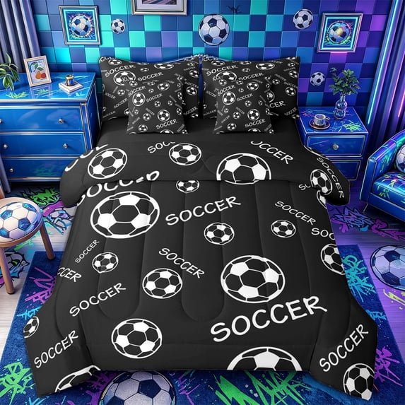 Castle Fairy Black Soccer Text Print Full Size Bedding Sets 7 Pieces, Minimalist Sport Ball Full Size Bed in a Bag,Black Reversible