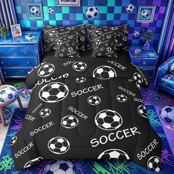 Castle Fairy Black Soccer Text Print Queen Bedding 7pcs, Minimalist Sport Ball Bedding Comforter Set Queen,Black Reversible