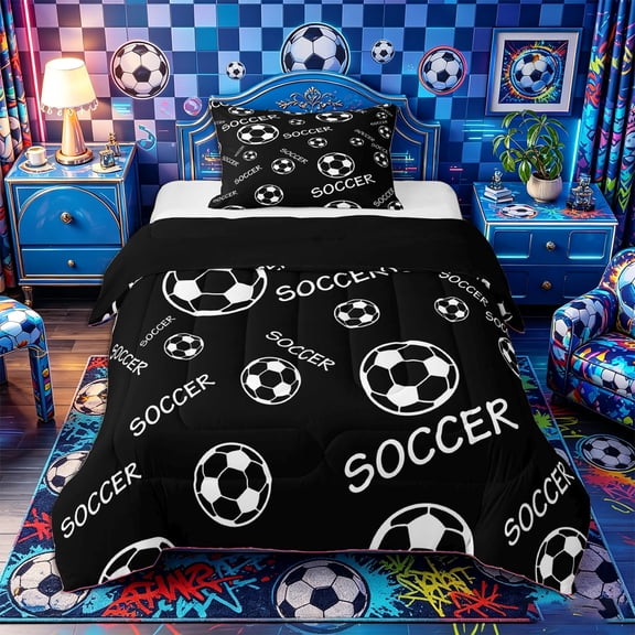 Castle Fairy Black Soccer Text Print Twin Comforter Sets 2pcs, Minimalist Sport Ball Bedding Set,Black Reversible,1 Comforter and 1 Pillowcase