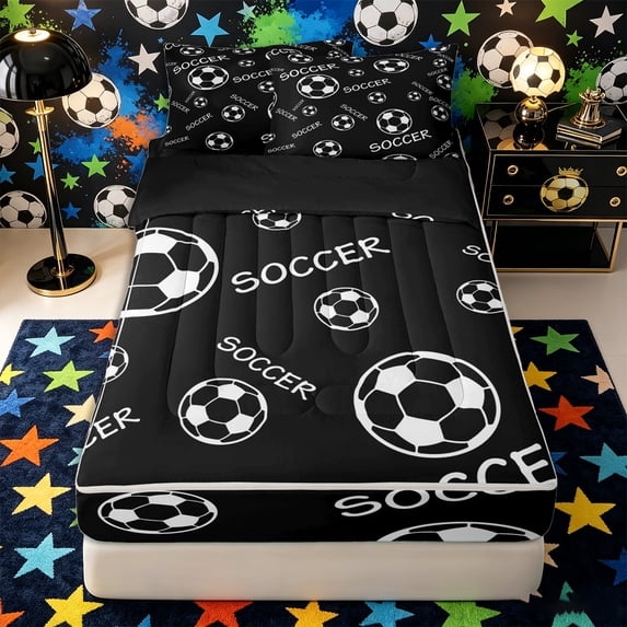 Castle Fairy Black Soccer Text Print Zipper Twin Comforter Sets with Fitted Sheet and 2 Pillowcases, Minimalist Sport Ball Zipper Bedding Set,4-Piece,Black Reversible