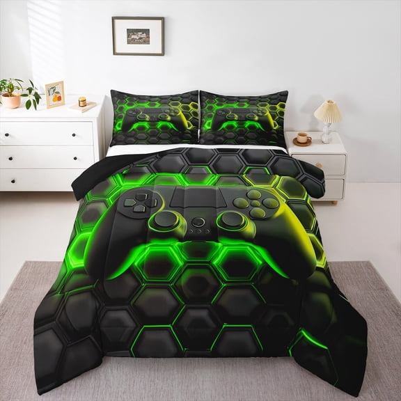 Castle Fairy Black Video Game Twin Comforter Sets,Geometric Honeycomb Bedding Set