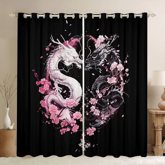 Castle Fairy Black White Dragon Curtains Pack of 2 (42x84 Each),Sakura Curtains Blackout