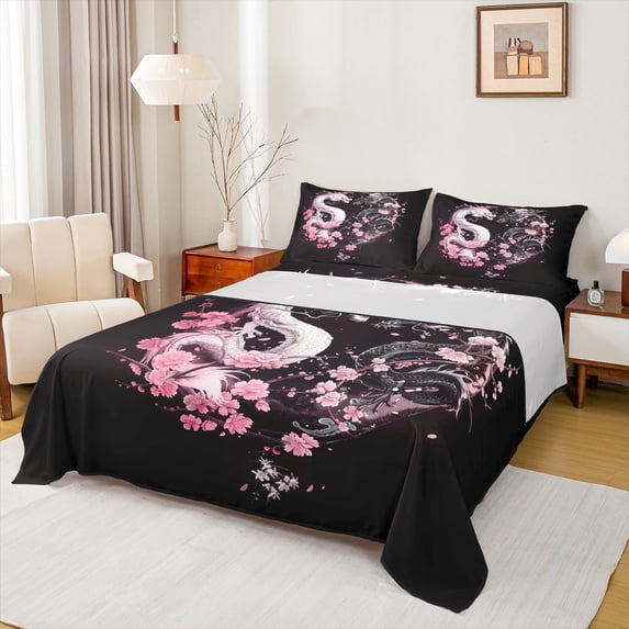 Castle Fairy Black White Dragon Full Size Sheets for Boys Girls,Cherry Blossom Bed Sheets
