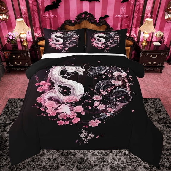 Castle Fairy Black White Dragon Queen Comforter Set,Cherry Blossom Bedding Comforter Set