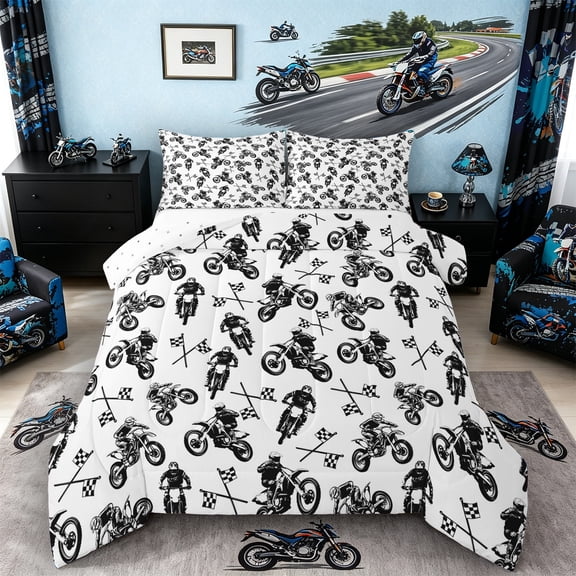 Castle Fairy Black White Motocross Rider Full Size Comforter Sets 3 Pieces for Boys, Checkered Flag Dirt Bike Bedding Sets for Bedroom, White Black