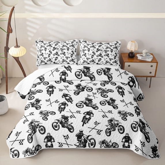 Castle Fairy Black White Motocross Rider Quilt Full for Boys,Checkered Flag Dirt Bike Full Bedspread Sets,White Black