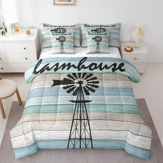 Castle Fairy Black Windmill 7 Pieces Bedding Comforter Set for Teens,Lodge Cabin Full Bedding Set Lightweight,Rustic Vintage Fitted Sheet Flat Sheet,Super Cozy Room Decor