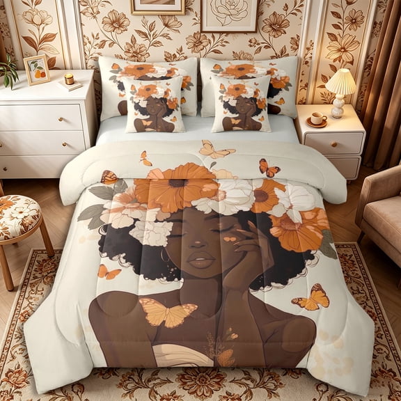 Castle Fairy Black Woman King Bedding 7pcs,Romantic Floral Butterflies King Bed in a Bag,Beige,Grey Reversible