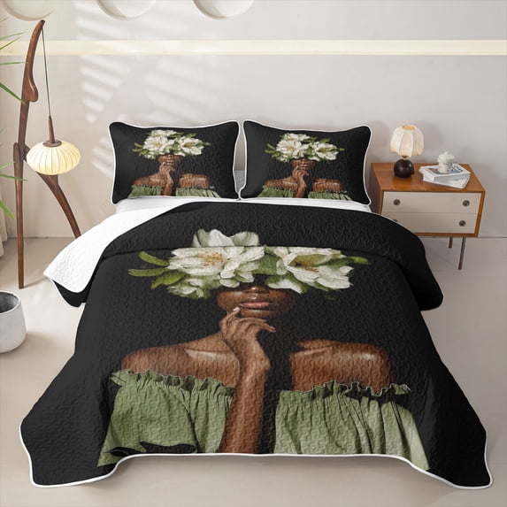 Castle Fairy Black Woman Quilt Full,Artistic Floral Bloom Full Bedspread Sets,Green Black