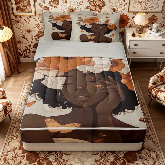 Castle Fairy Black Woman Zipper Twin Comforter Sets with Fitted Sheet and 2 Pillowcases,Romantic Floral Butterflies Zipper Bedding Set,Beige,Grey Reversible,4-Piece