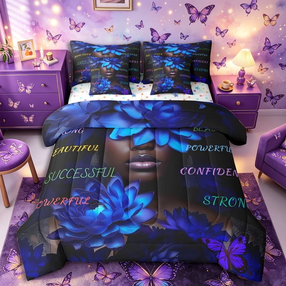 Castle Fairy Black Women Full Size Bedding Sets 7 Pieces,Glam Floral Quote Pattern Full Size Bed in a Bag,Blue Black