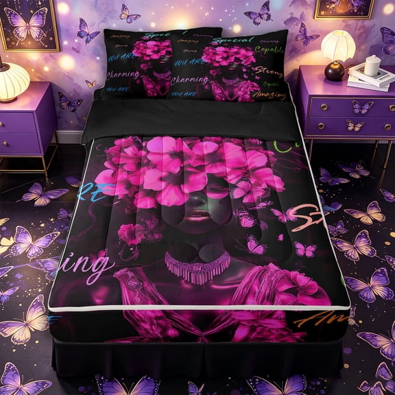 Castle Fairy Black Women Zipper Full Size Comforter Sets with Fitted Sheet and 2 Pillowcases,Glam Floral Quote Pattern Zipper Bedding Set,Magenta Dark Green,4pcs