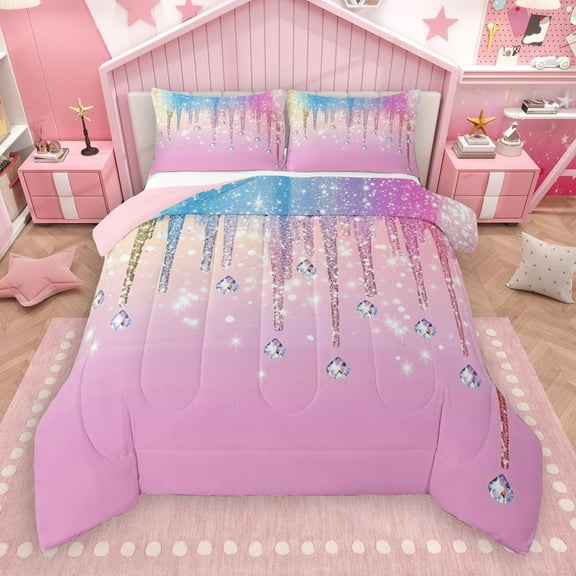 Castle Fairy Bling Crystal 3 Pieces Queen Comforter Set for Teens Women Men,Abstract Gradient Ultra Soft Bedding Sets,Ombre Bling Glitter Bedding Comforter Set,Luxury Bedroom Decor