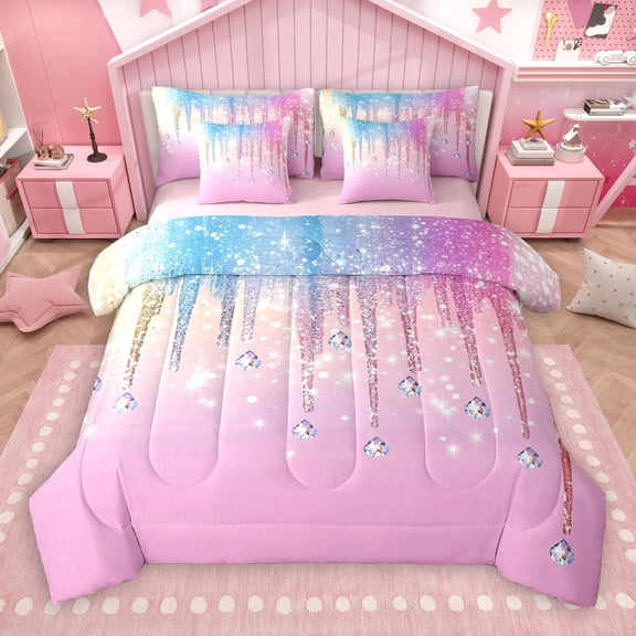 Castle Fairy Bling Crystal 7-Piece Bedding Comforter Set for Teens Women Men,Abstract Gradient King Bedding Sets,Ombre Bling Glitter Ultra Soft Bed Sheets,Luxury Bedroom Decor