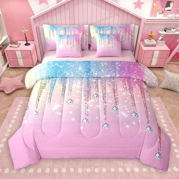 Castle Fairy Bling Crystal 7-Piece Twin Bedding Sets for Teens Women Men,Abstract Gradient Bedding Comforter Set,Ombre Bling Glitter Breathable Sheet Sets,Luxury Bedroom Decor