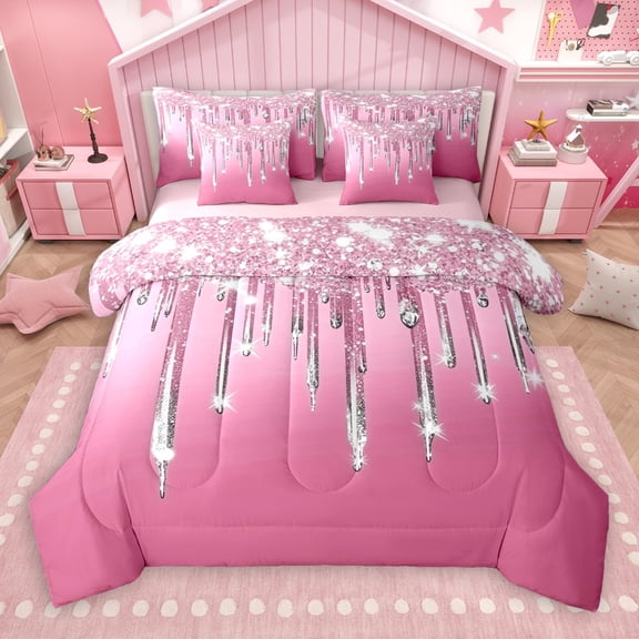 Castle Fairy Bling Crystal 7Pcs Bedding Comforter Set for Teens Women Men,Abstract Gradient Queen Bedding Sets Super Cozy,Ombre Bling Glitter Queen Sheet Sets,Luxury Bedroom Decor