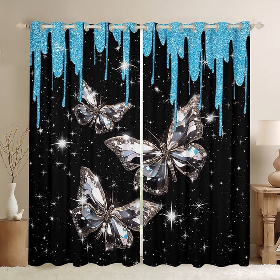Castle Fairy Bling Crystal Butterfly Blackout Curtains Set of 2 (52x84 Each) for Girls Women Teens,Dreamy Princess Window Curtains,Black Blue Curtains and Drapes,Super Cozy Room Decor