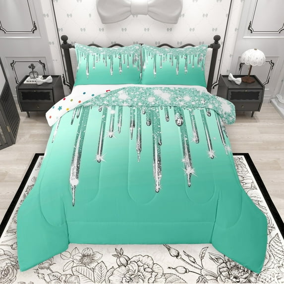 Castle Fairy Bling Glitter 3-Piece Full Size Comforter Sets for Boys Girls Teenagers,Green Silver Bedding Comforter Set,Abstract Gradient Lightweight Bedding Sets,Ultra Soft Home Decor
