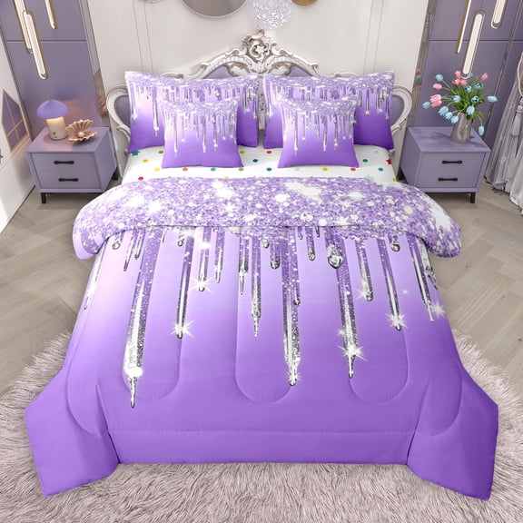 Castle Fairy Bling Glitter 7-Piece Bedding Comforter Set for Boys Girls Teenagers,Purple Silver King Bedding Sets,Abstract Gradient Ultra Soft Bed Sheets,Ultra Soft Home Decor