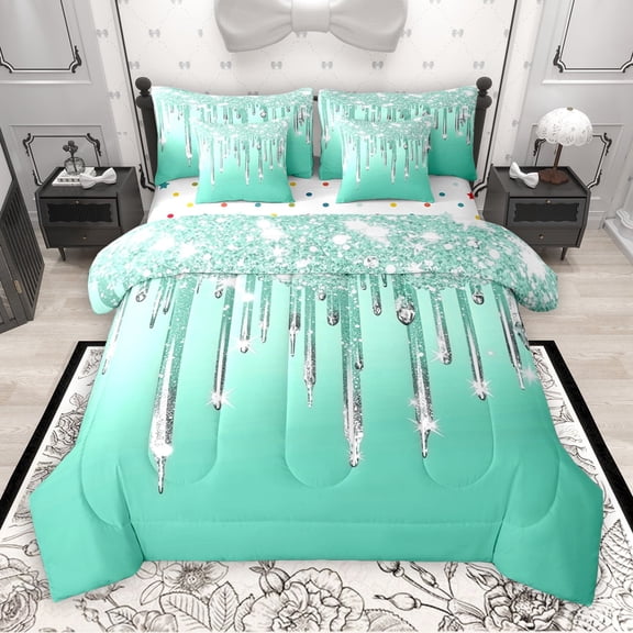 Castle Fairy Bling Glitter 7-Piece Twin Bedding Sets for Boys Girls Teenagers,Green Silver Bedding Comforter Set,Abstract Gradient Breathable Sheet Sets,Ultra Soft Home Decor
