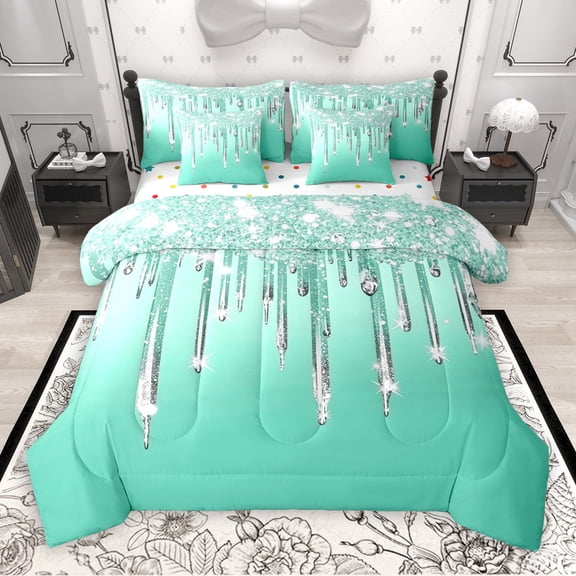 Castle Fairy Bling Glitter 7Pcs Bedding Comforter Set for Boys Girls Teenagers,Green Silver Queen Bedding Sets Super Cozy,Abstract Gradient Queen Sheet Sets,Ultra Soft Home Decor