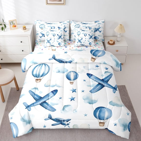 Castle Fairy Blue Airplane 7 Pieces Bedding Comforter Set for Children Preppy,Stars Print Full Bedding Set Lightweight,Cartoon Plane Fitted Sheet Flat Sheet,Ultra Soft Home Decor