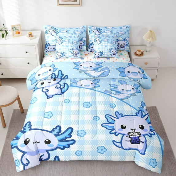 Castle Fairy Blue Axolotl Twin Bedding Sets,Floral Salamander Bedding Comforter Set