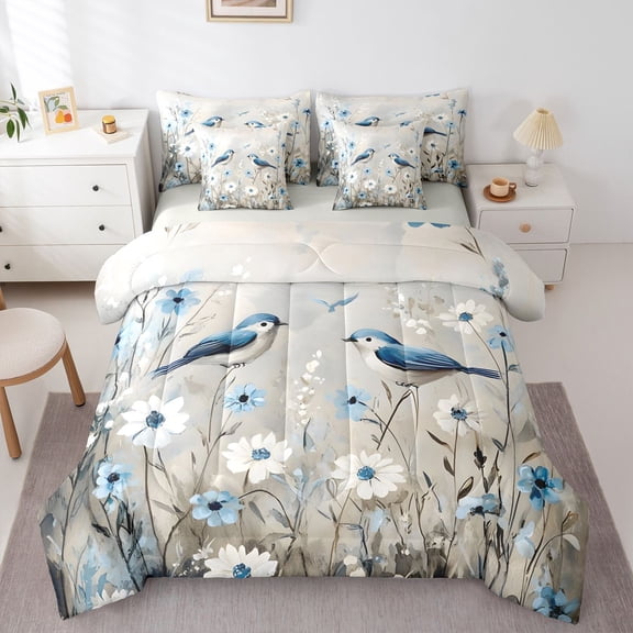 Castle Fairy Blue Bird Bedding Comforter Set,Chic Floral Daisy Queen Bedding Sets