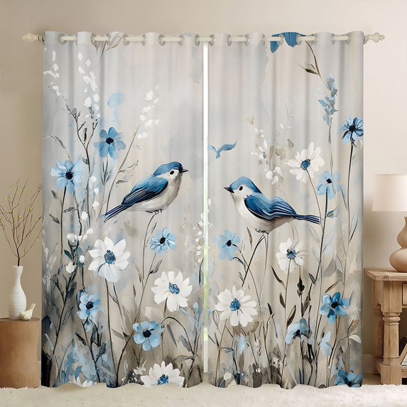 Castle Fairy Blue Bird Black Out Curtains,Floral Daisy Curtains Pack of 2 (42x63 Each)