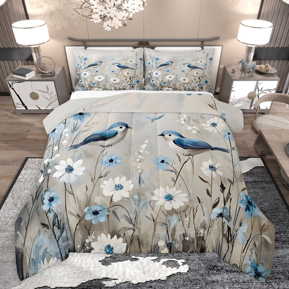 Castle Fairy Blue Bird Queen Comforter Set,Chic Floral Daisy Bedding Comforter Set