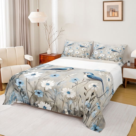 Castle Fairy Blue Bird Twin Sheet Sets for Teens,Chic Floral Daisy Bedding